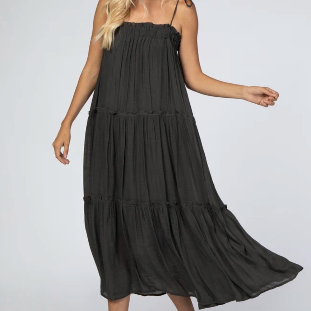 Charcoal Tie Strap Ruffle Maxi Dress